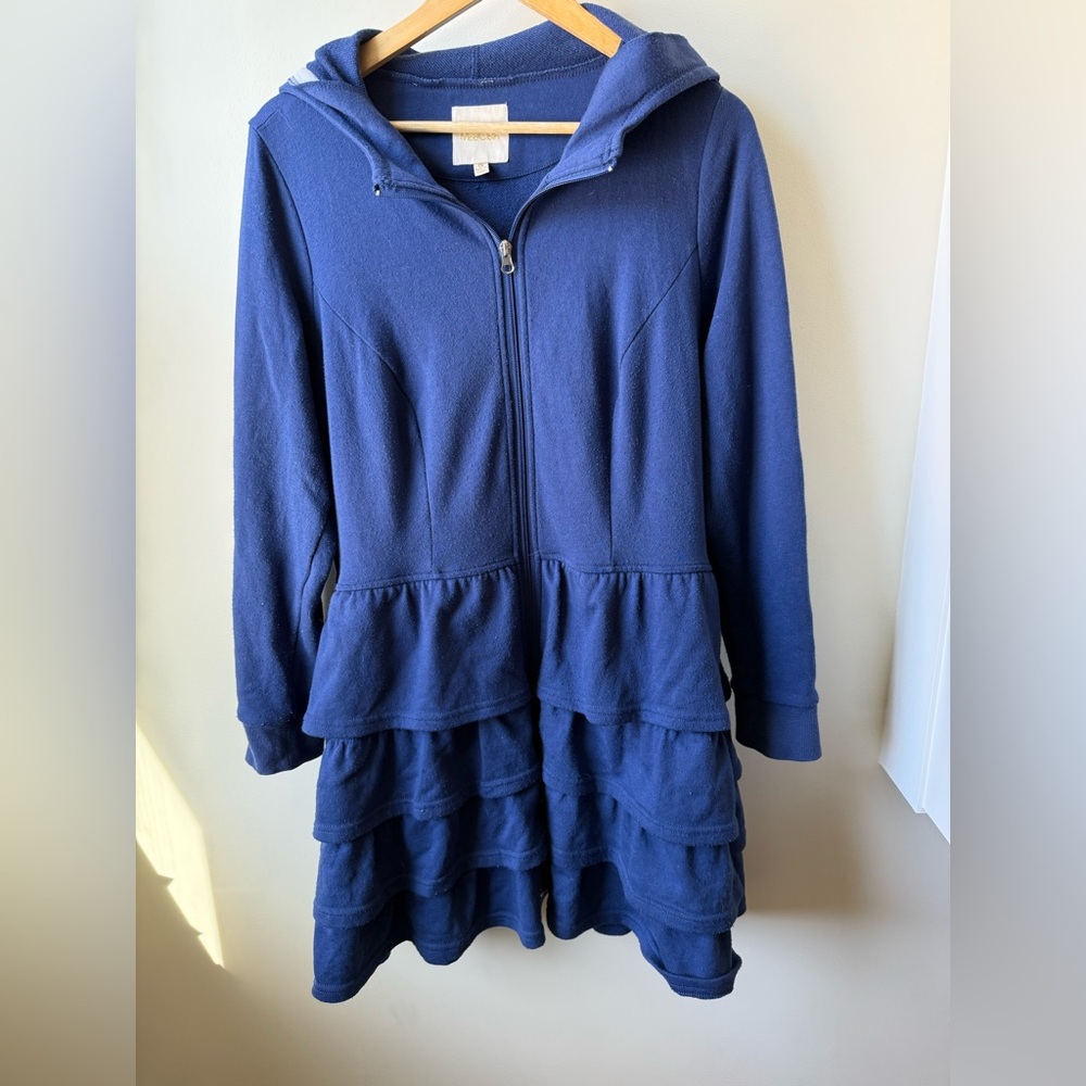 MODCLOTH Ruffled Hoodie Tunic Sweatshirt Blue Firly Coquette Hooded Cozy 1X